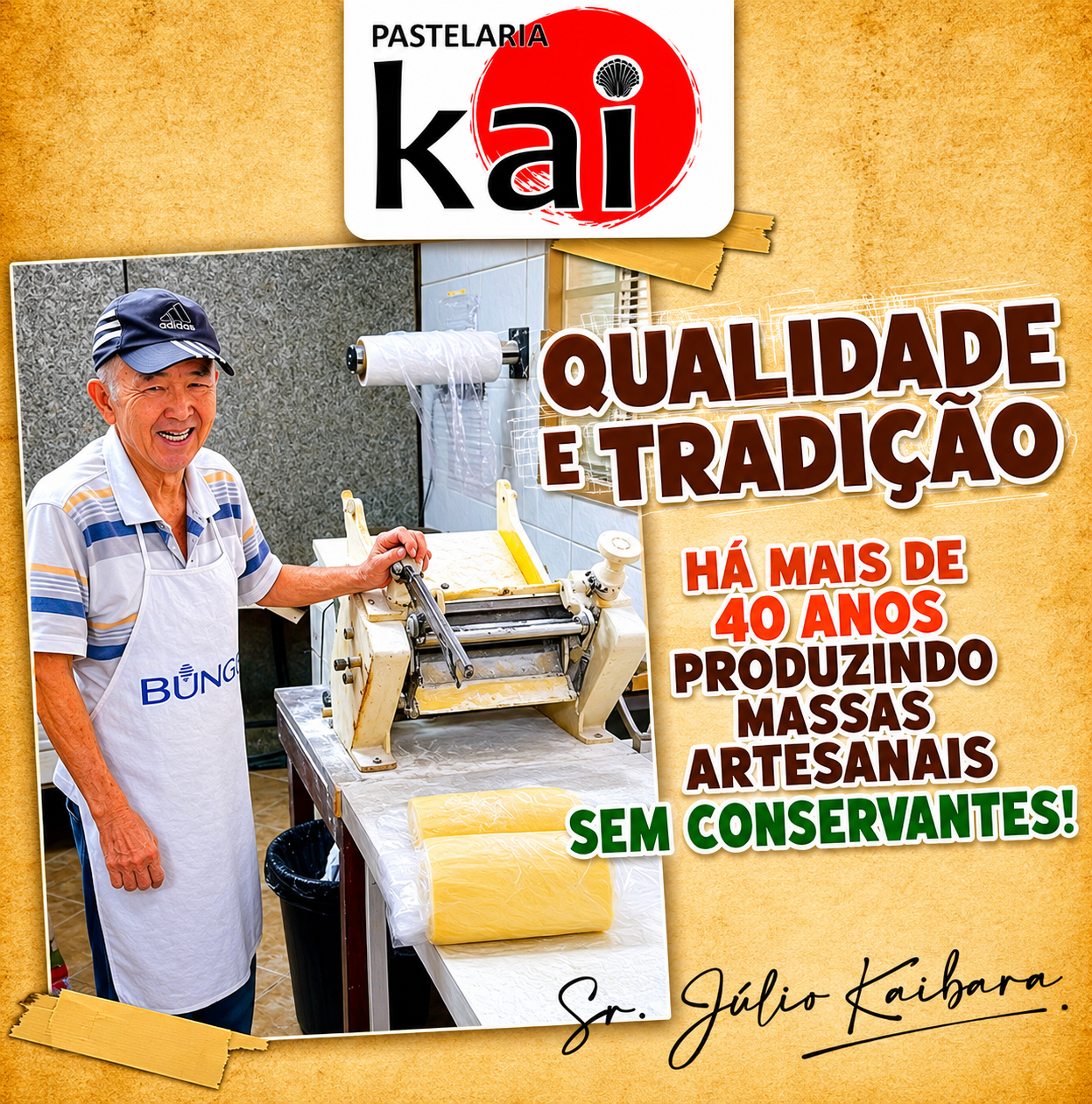 Sr. Júlio Kaibara produzindo massas artesanais há mais de 40 anos na KAI Pastelaria